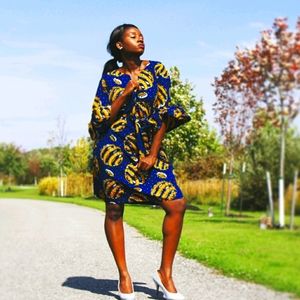 Yellow Abstract Blue Dress with Puffy Sleeves